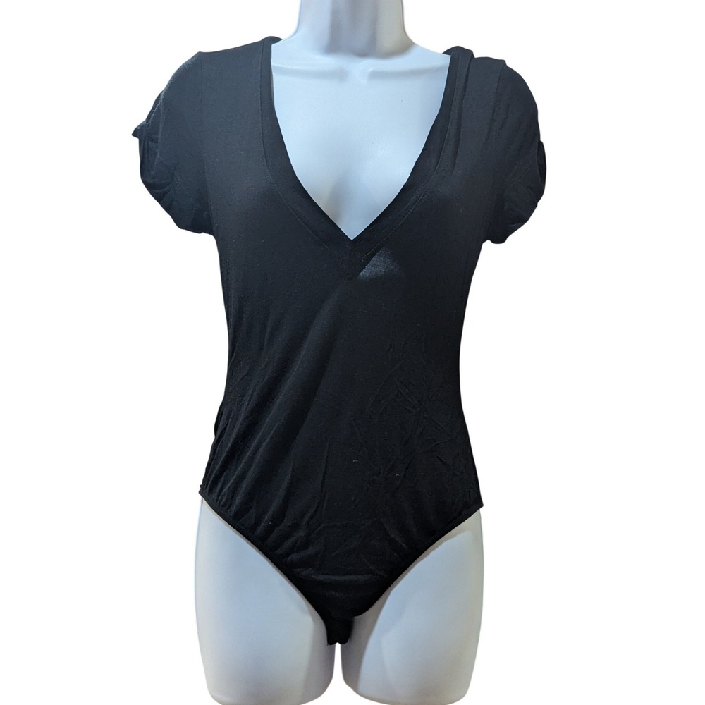 Free People Black Me Oh My Deep V-Neck Short Sleeve Bodysuit S/P Rayon Spandex